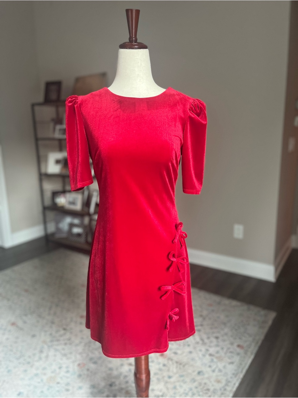 Red Velvet Short-Sleeve Holiday Dress with Side Bows